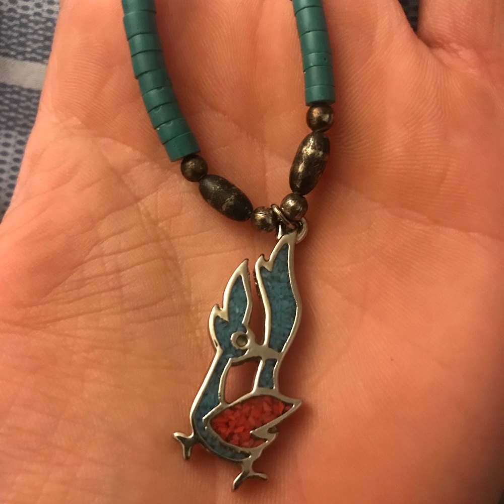 Native tribal roadrunner necklace